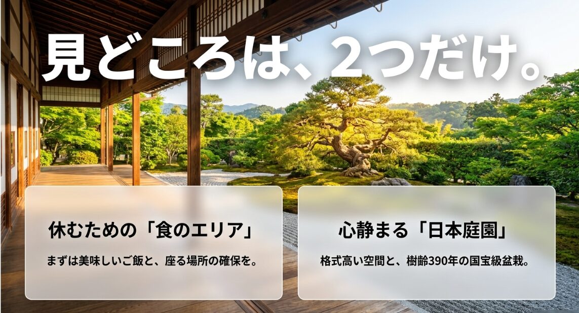 休憩に最適な食のエリアと、心静まる日本政府苑の庭園・盆栽