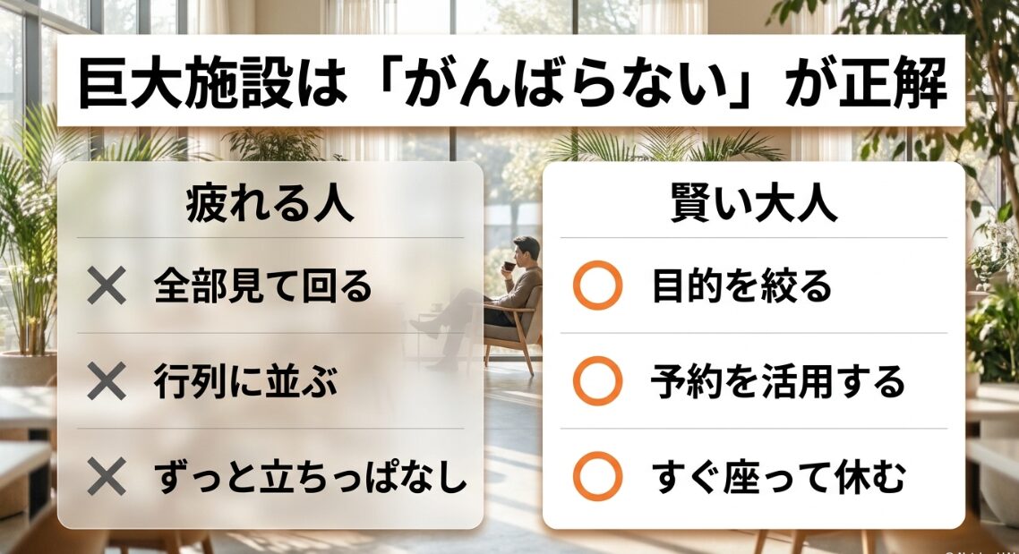 巨大施設では全部見て回るのではなく目的を絞り、予約や休憩を活用する「がんばらない」過ごし方の比較表