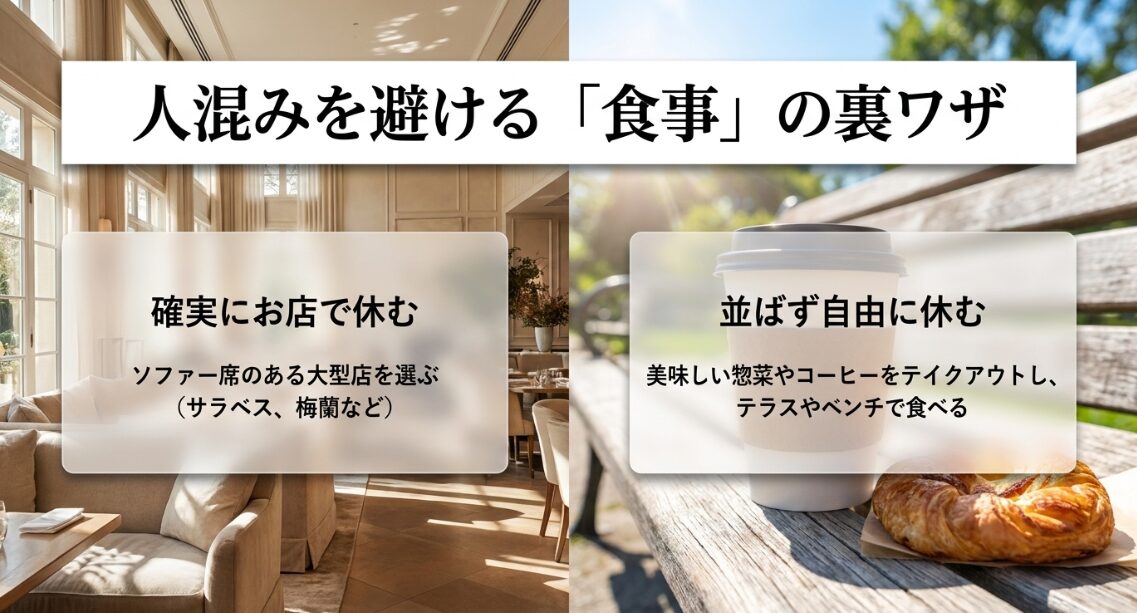 ソファー席のある大型店やテイクアウトを活用して人混みを避ける食事の裏ワザ