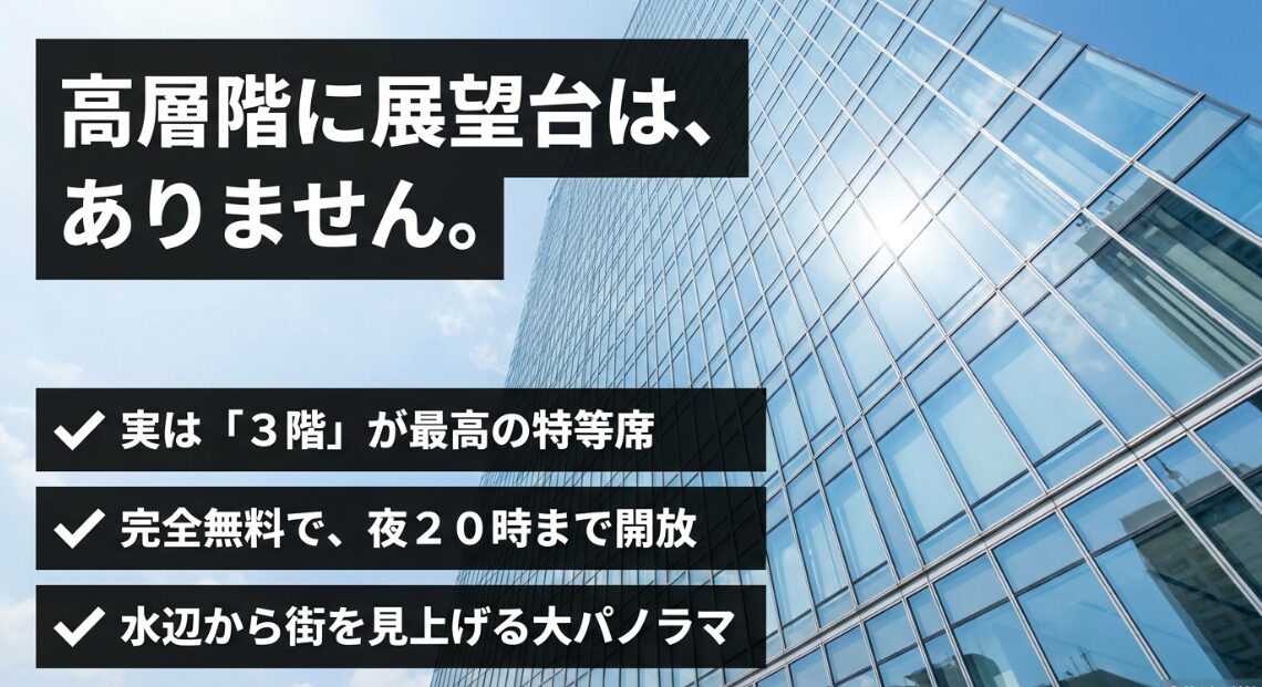 横浜市役所の高層階に展望台はありません。3階の市民ラウンジが水辺から街を見上げる大パノラマを楽しめる特等席です。完全無料で夜20時まで開放されています。
