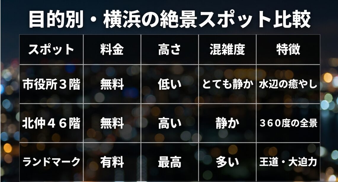 目的別の横浜絶景スポット比較。市役所3階は無料で高さは低いが静かな水辺の癒やし、北仲46階は無料で高く360度の全景、ランドマークタワーは有料で最高層の大迫力ですが混雑します。