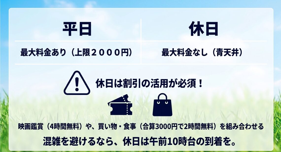 駐車場料金は平日に最大料金がある一方、休日は最大料金がないため割引の活用が必須