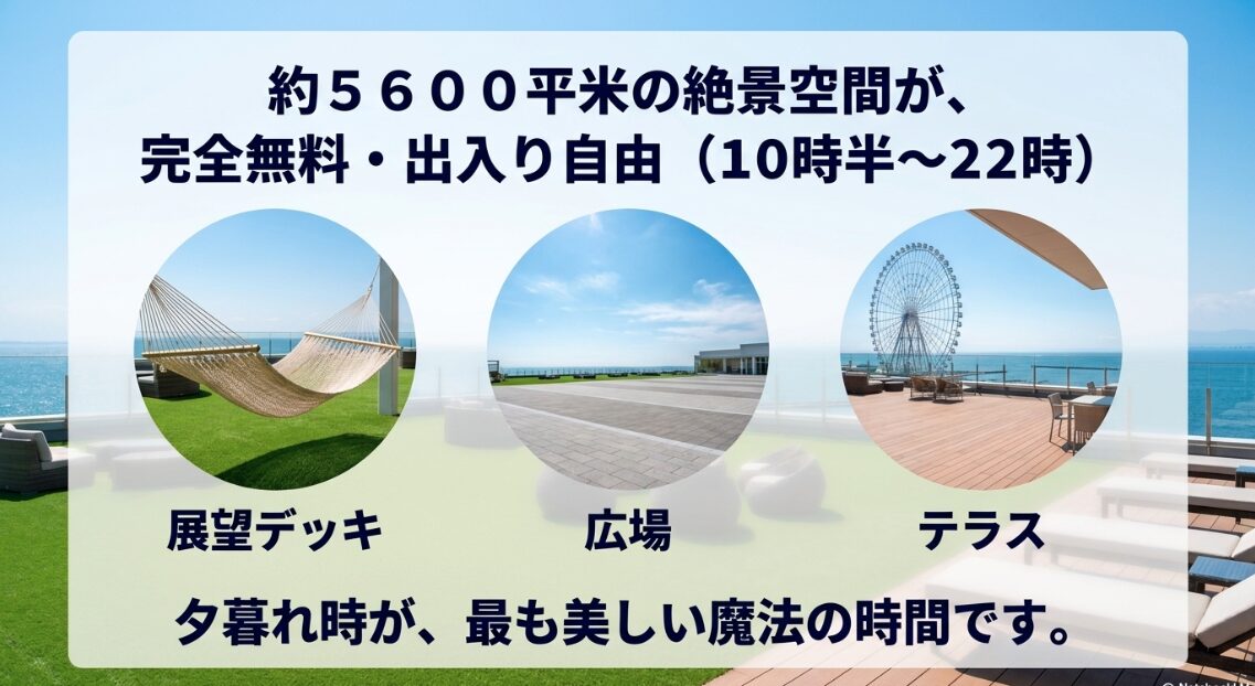 約5600平米の完全無料で出入り自由な展望空間と、夕暮れ時が美しい絶景エリア