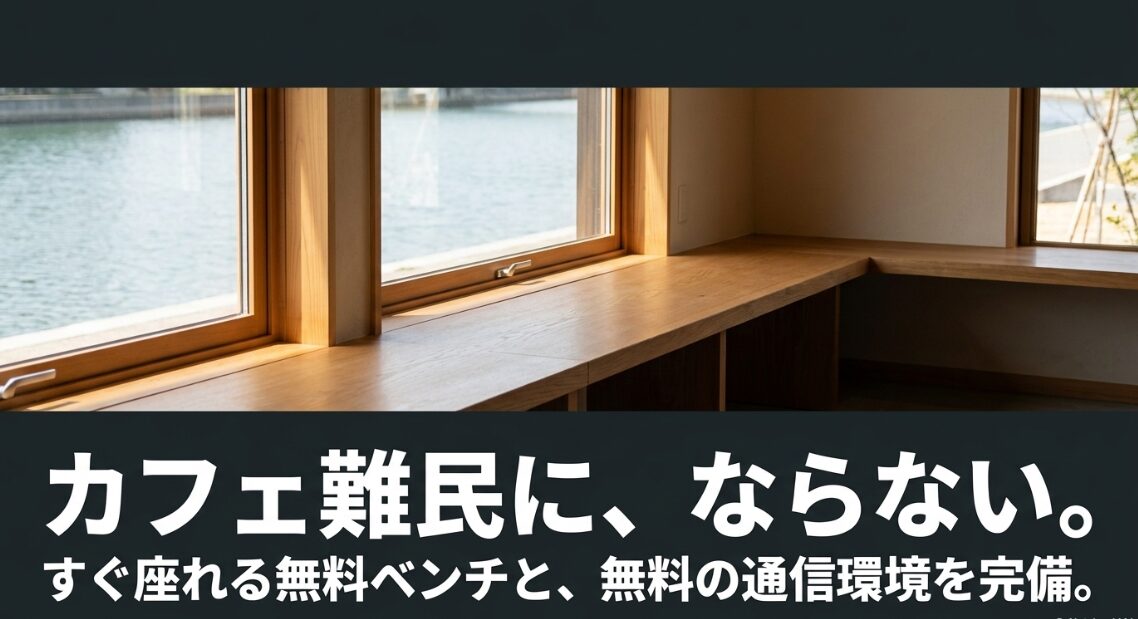 すぐ座れる無料ベンチと無料の通信環境を完備しカフェ難民にならない空間