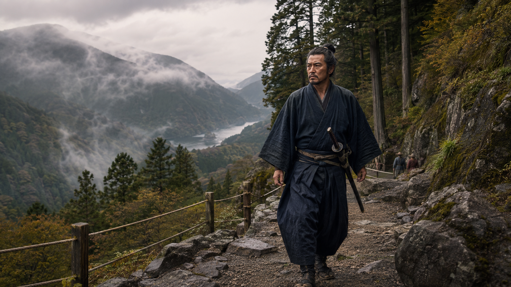 大刀を差して箱根の険しい山道を歩く江戸時代の武士のイメージ
