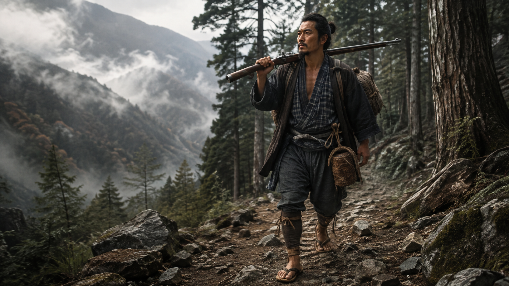猟銃を肩に担ぎ箱根の険しい山道を進む明治時代の壮士のイメージ