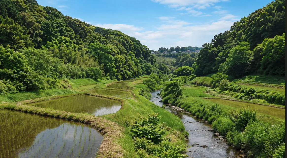 横浜の谷戸地形を思わせる里山風景。谷あいに棚田と小川が広がり、両側を深い緑の斜面林が囲んでいる