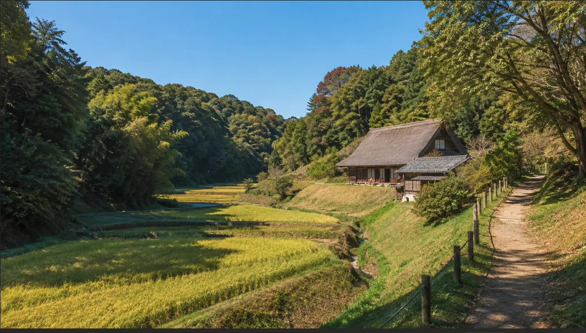 谷戸の里山風景の中に建つ古民家と棚田。小道の先に昔ながらの農村景観が広がる様子