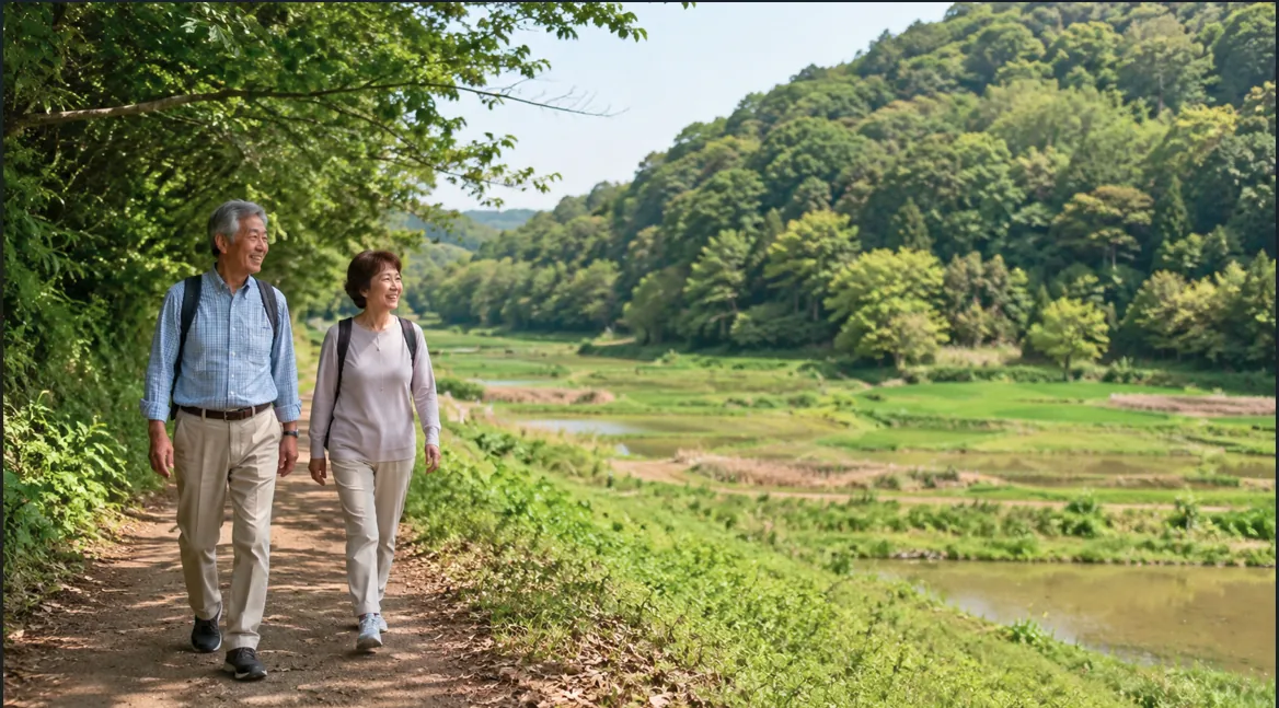 緑豊かな谷戸の里山をゆったり歩くシニア夫婦。棚田や自然を眺めながら散策を楽しんでいる