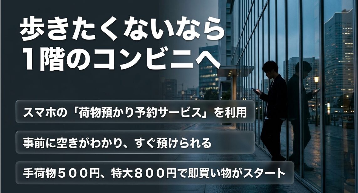 歩きたくないなら1階のコンビニへ。スマホの荷物預かり予約サービスを利用すれば、事前に空きがわかりすぐ預けられます。