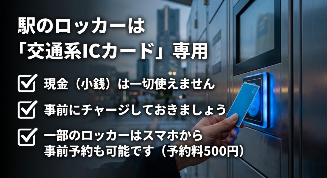 桜木町駅のロッカーは交通系ICカード専用で現金は使えません。一部ロッカーはスマホから事前予約も可能です。