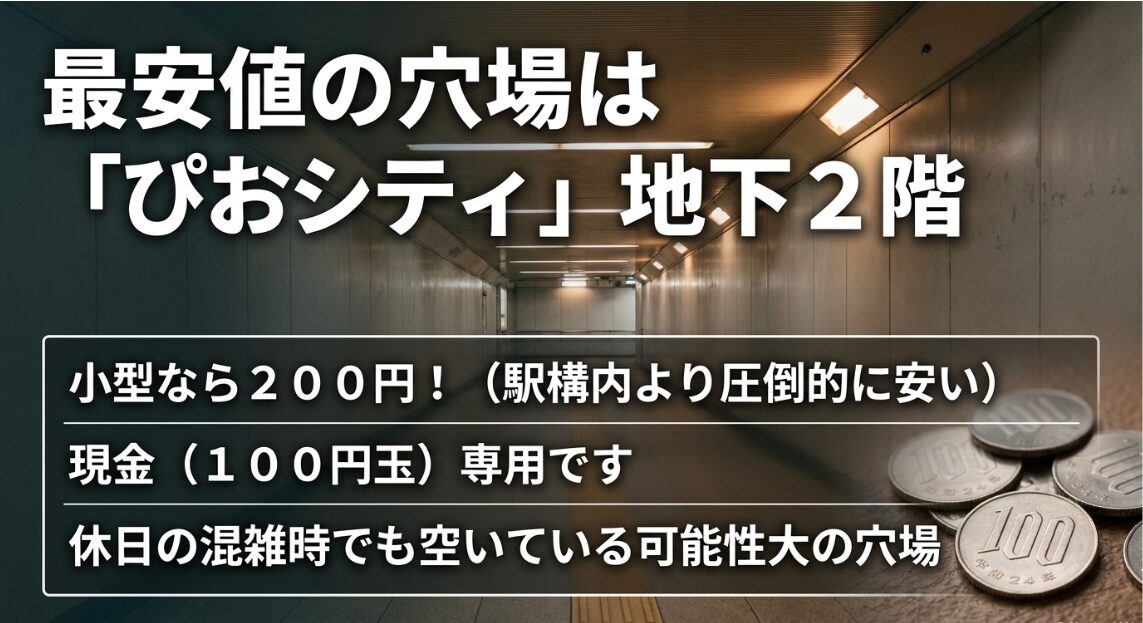 最安値の穴場はぴおシティ地下2階。小型なら200円で利用できる現金100円玉専用の穴場スポットです。