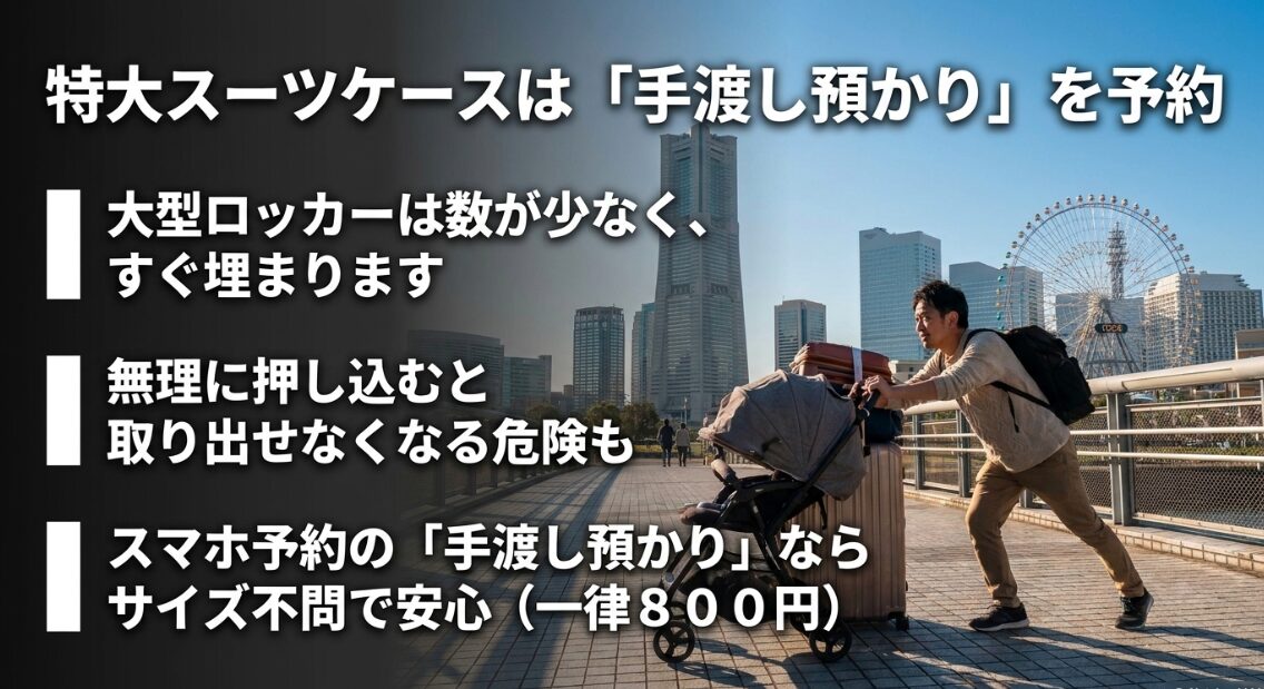 特大スーツケースは手渡し預かりを予約。大型ロッカーは数が少なく無理に押し込むと危険なため、スマホ予約が安心です。