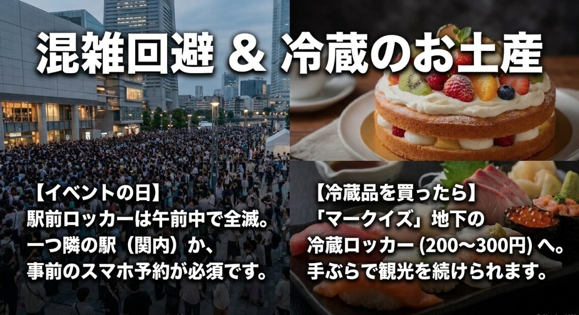 イベント時の駅前ロッカー混雑回避と、冷蔵品を預けられるマークイズ地下の冷蔵ロッカーの活用方法。
