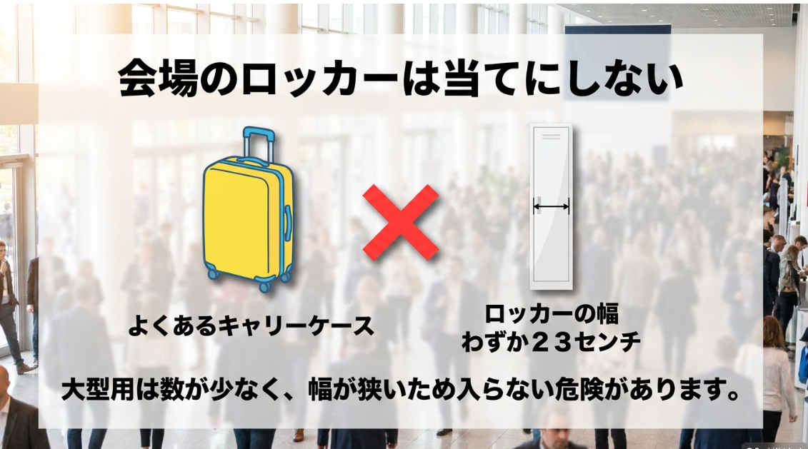 横浜アリーナ館内の大型コインロッカーの横幅はわずか23センチで一般的なキャリーケースが入らない危険があることを示すイラスト