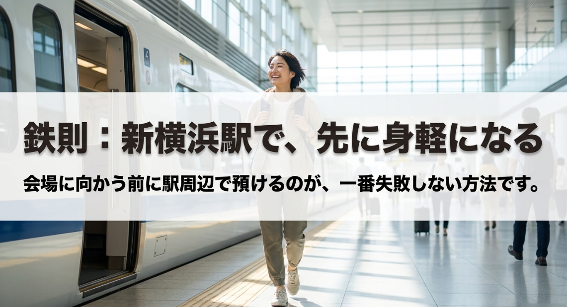 横浜アリーナへ向かう前に新横浜駅周辺でキャリーケースなどの荷物を預けるのが一番失敗しない方法であることを解説したスライド