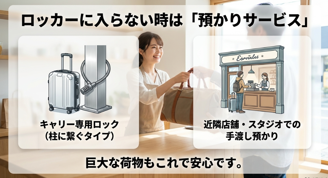 コインロッカーに入らない大型荷物向けに、キャリー専用ロックや近隣店舗・スタジオでの手渡し預かりサービスを紹介するスライド