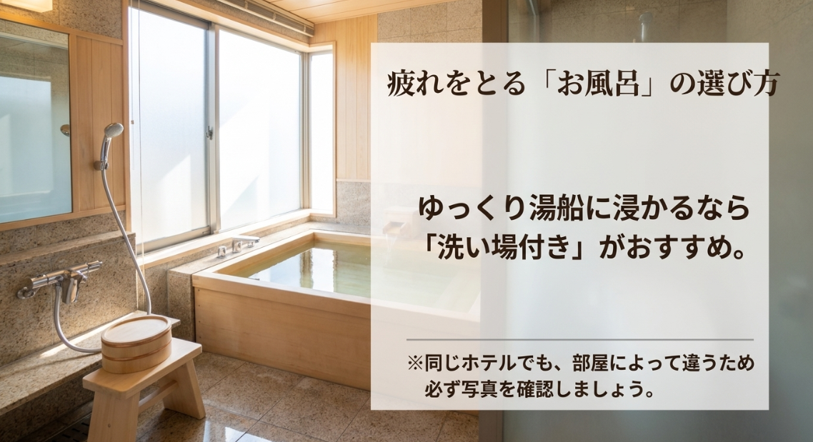 疲れをとるためには洗い場付きのお風呂がおすすめであり、事前に写真で確認するよう伝えるスライド