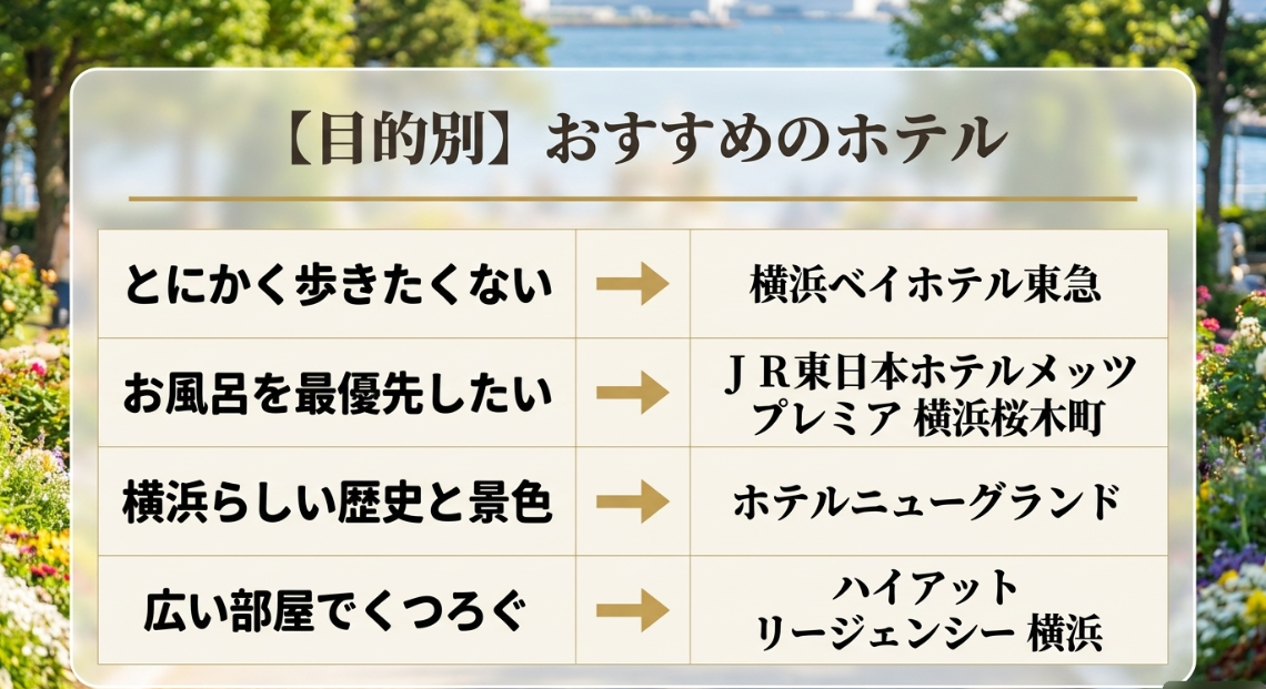 歩きたくない、お風呂優先、歴史と景色、広い部屋といった目的別に4つの横浜おすすめホテルを紹介するスライド