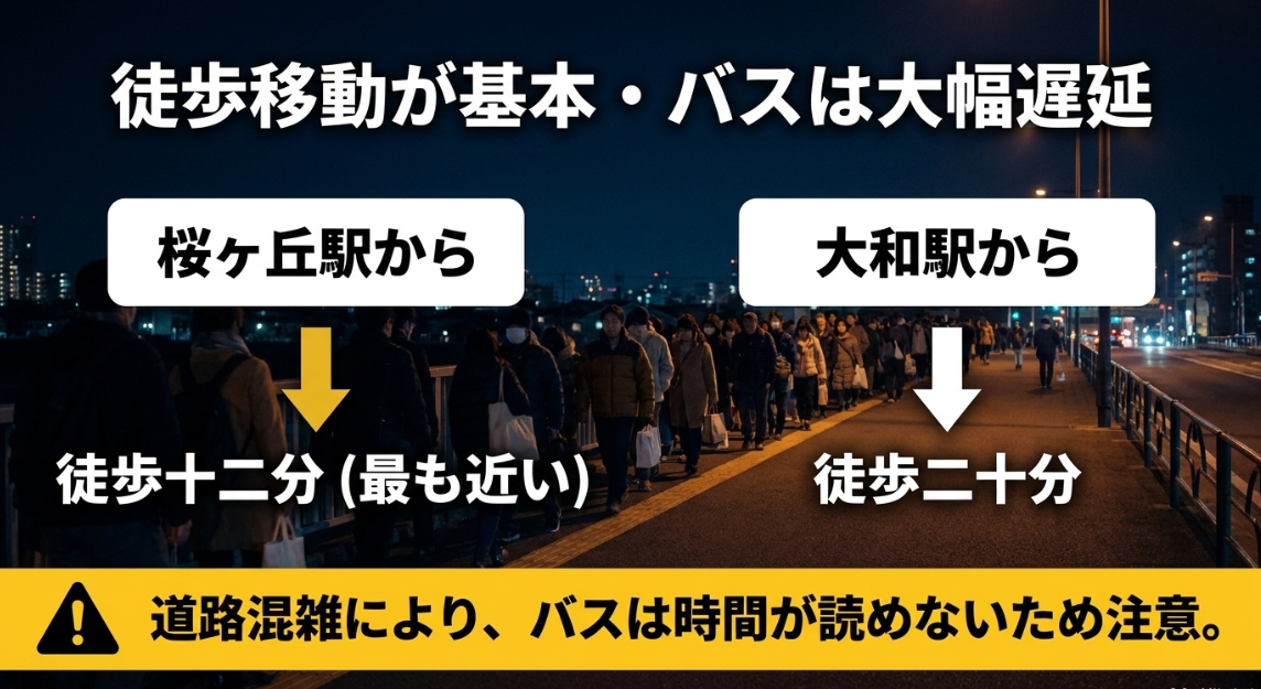 大和市花火大会へのアクセスは徒歩移動が基本。桜ヶ丘駅から徒歩12分、大和駅から徒歩20分。道路混雑によりバスは時間が読めないため注意。